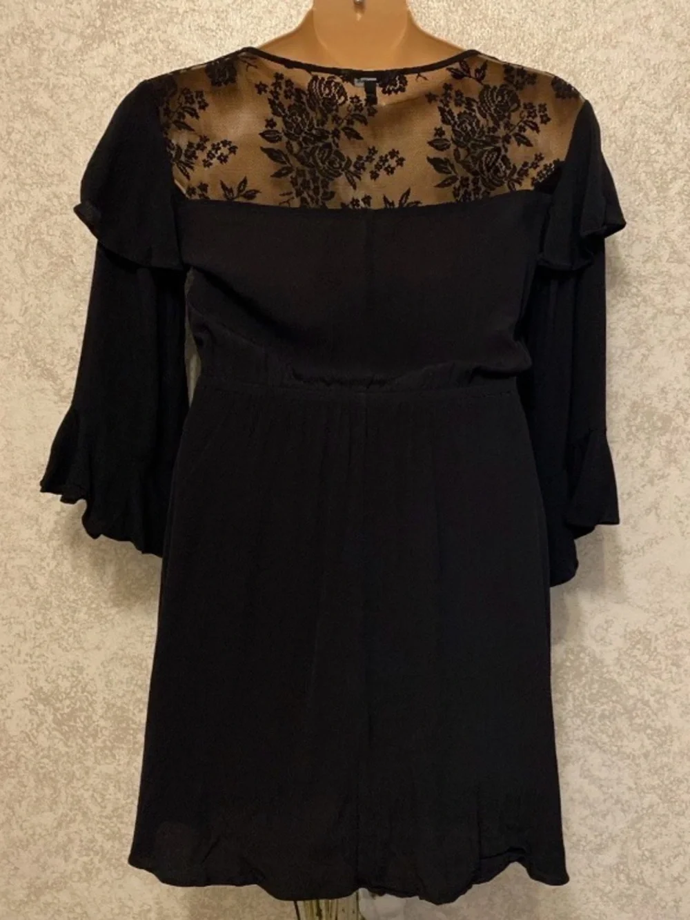 Express Black Floral Lace Yoke Dress with Flared Ruffle Sleeves